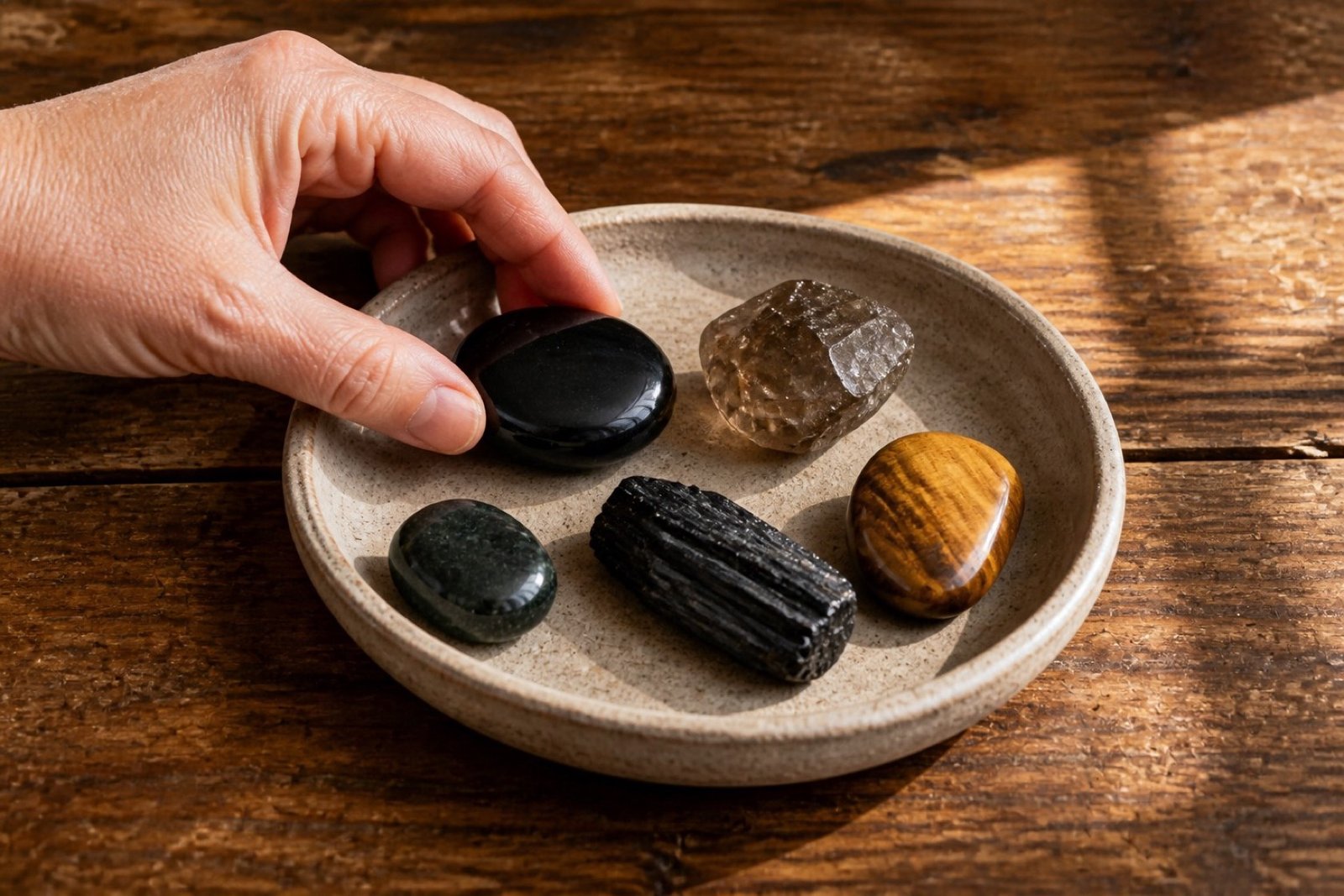 Black stones compared in a ceramic tray: tourmaline, smoky quartz, tiger's eye, jade, and a glossy black stone