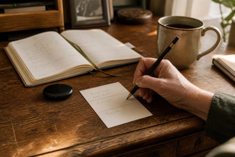 A person writes on a three-boundary card beside a smooth black stone on a wooden desk