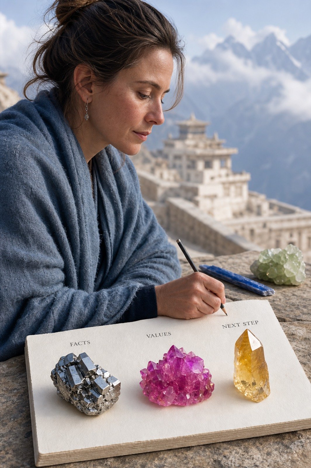 Crystal grid: a hand writing beside a three-stone focus map