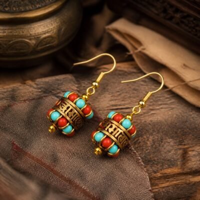 Tibetan Barrel Bead Drop Earrings with turquoise barrel beads