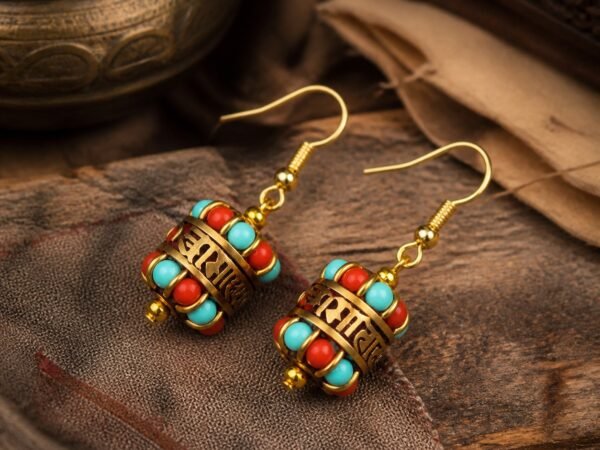 Tibetan Barrel Bead Drop Earrings with turquoise barrel beads