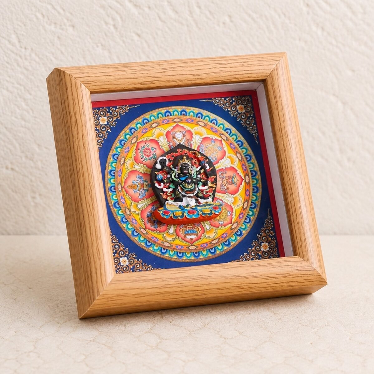 Framed Thangka Art with hand-painted clay relief in wood frame
