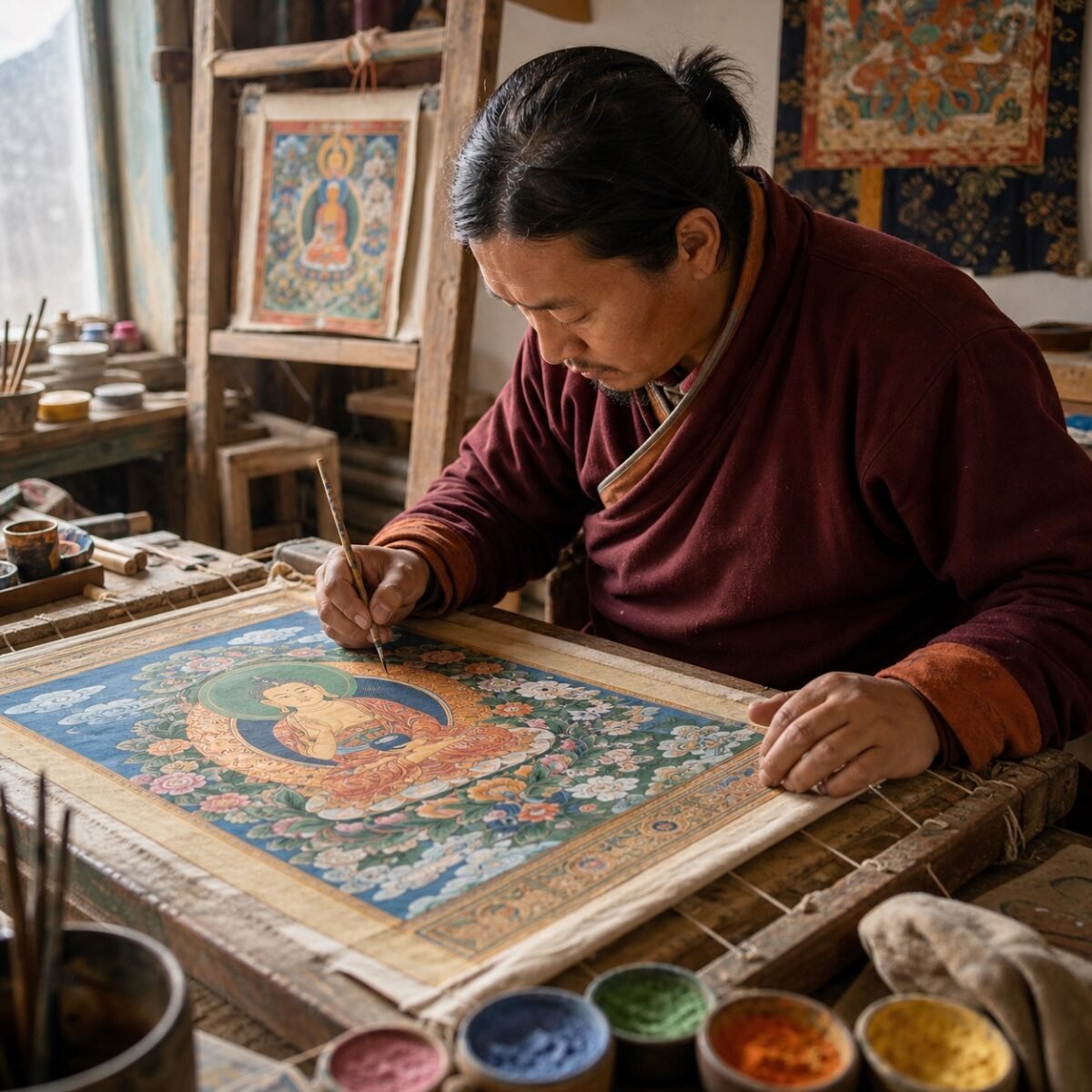 Tibetan Buddhist Deity Relief Thangka — Framed Altar Art