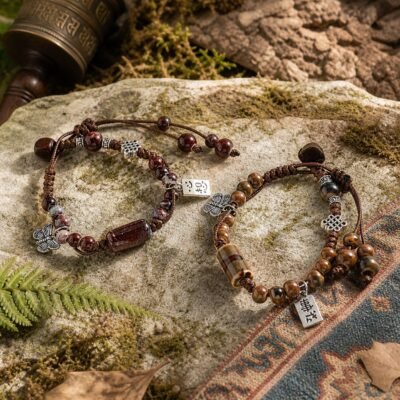 Tibetan Ceramic Couple Bracelets in Red Brown and Amber Brown with butterfly charms