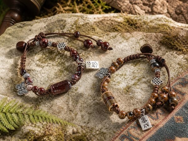 tibetan-ceramic-couple-bracelets-01-main-pair Tibetan Ceramic Couple Bracelets in Red Brown and Amber Brown with butterfly charms