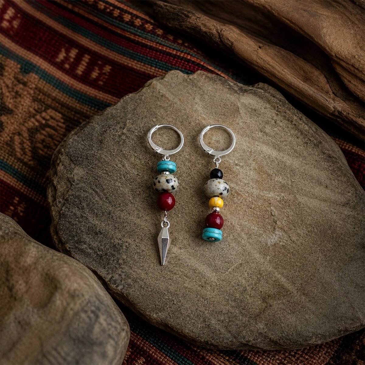 Dalmatian Jasper Hoop Earrings with asymmetrical blue-green, red, and spotted beaded drops on a dark stone surface.