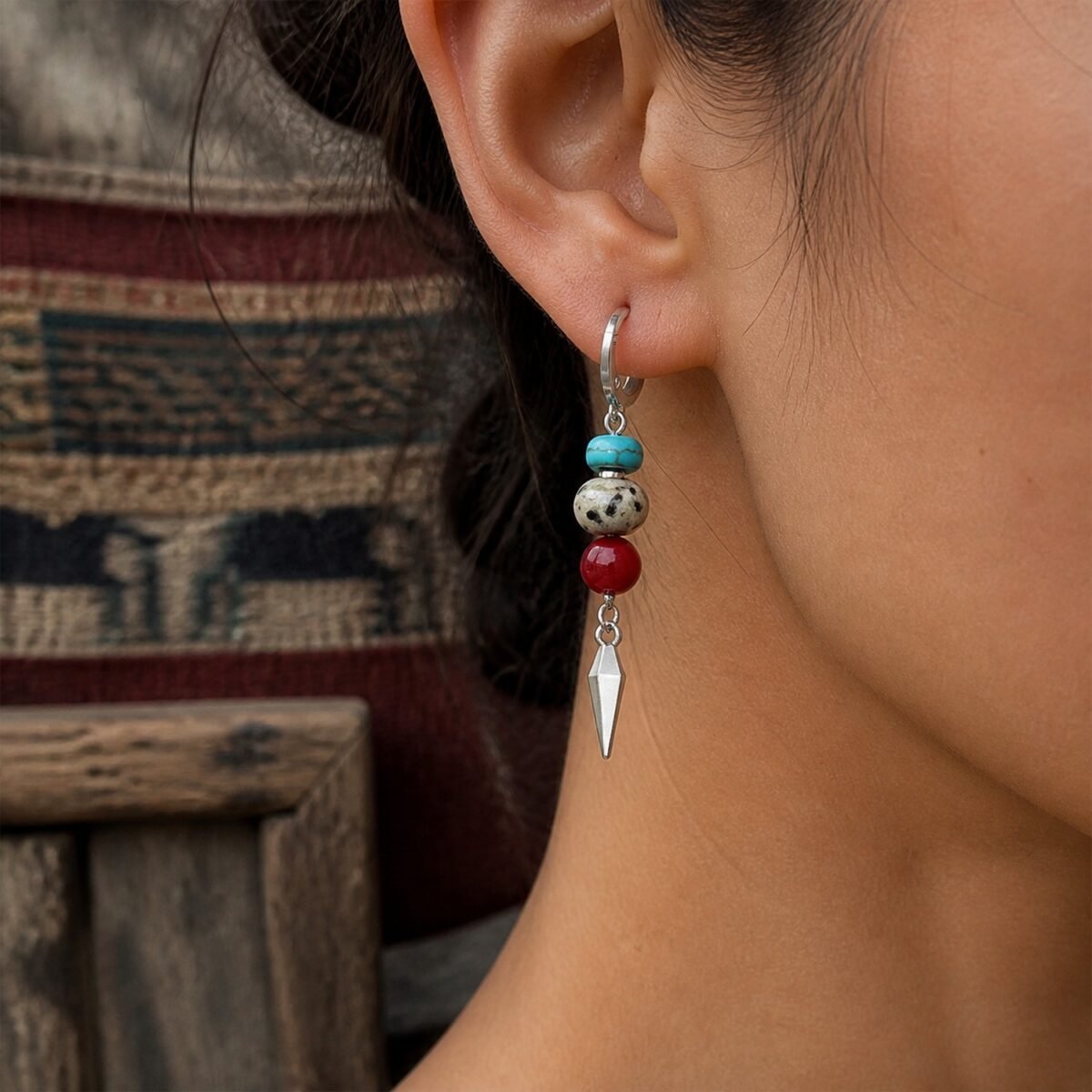 Tibetan Dalmatian Jasper & Coral Hoop Earrings
