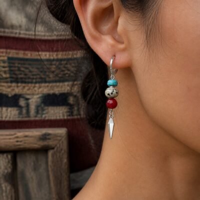 Tibetan Dalmatian Jasper & Coral Hoop Earrings