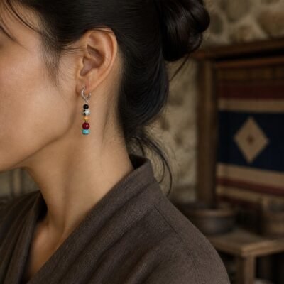 Tibetan Dalmatian Jasper & Coral Hoop Earrings