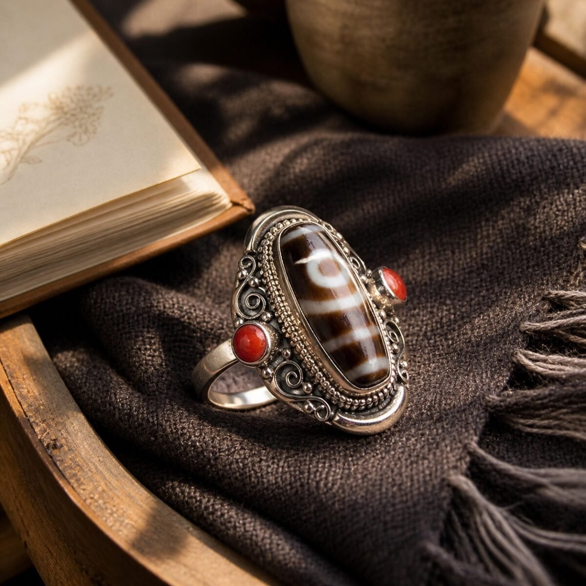 Tibetan Dzi Agate Protection Statement Ring