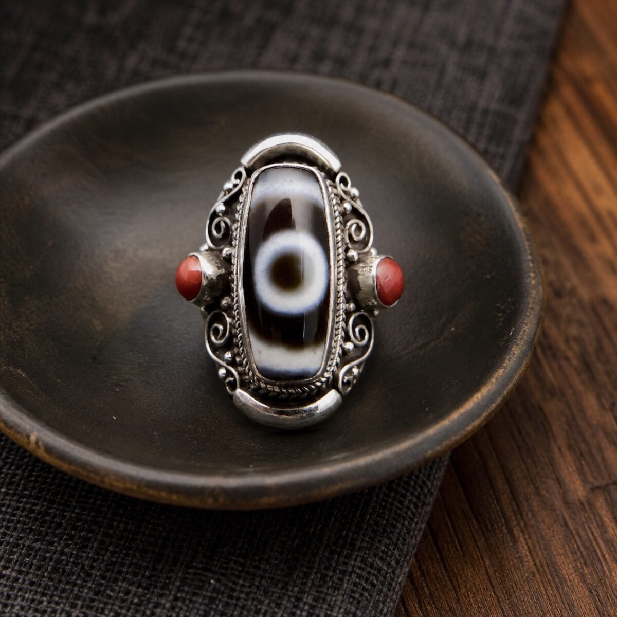 Tibetan Dzi Agate Protection Statement Ring