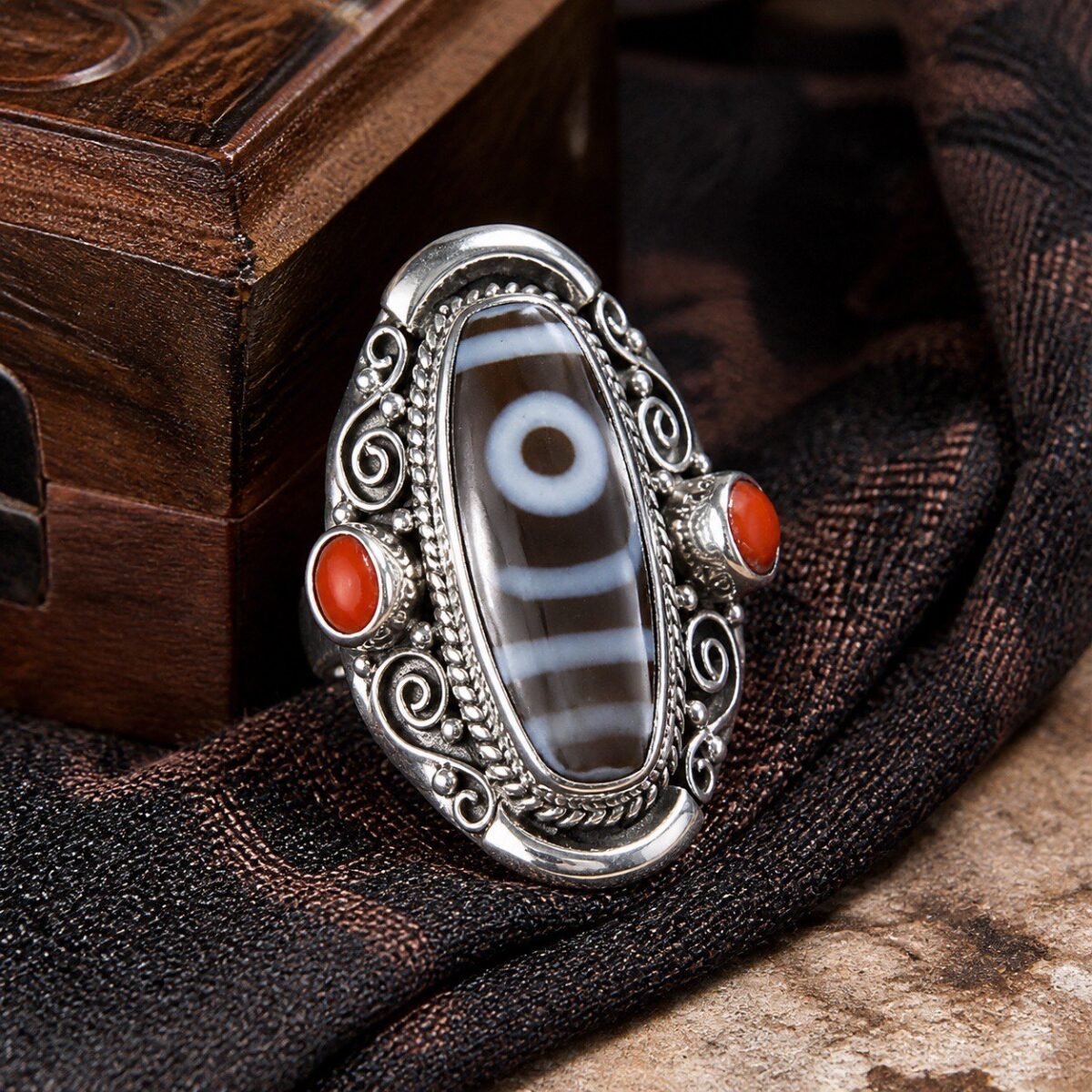 Tibetan Dzi Agate Protection Statement Ring