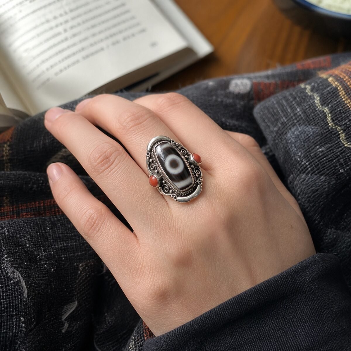 Tibetan Dzi Agate Protection Statement Ring