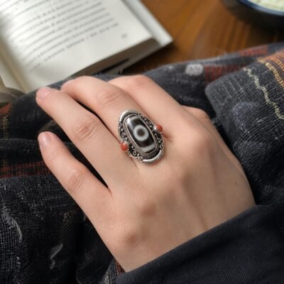 Tibetan Dzi Agate Protection Statement Ring