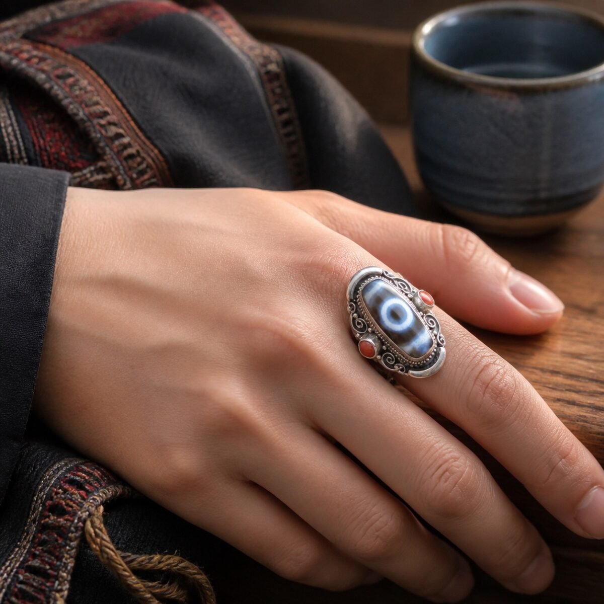 Tibetan Dzi Agate Protection Statement Ring