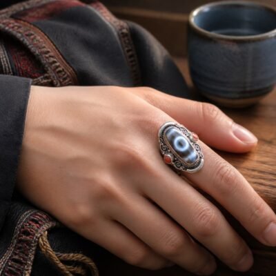 Tibetan Dzi Agate Protection Statement Ring