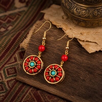 Tibetan Floral Medallion Drop Earrings