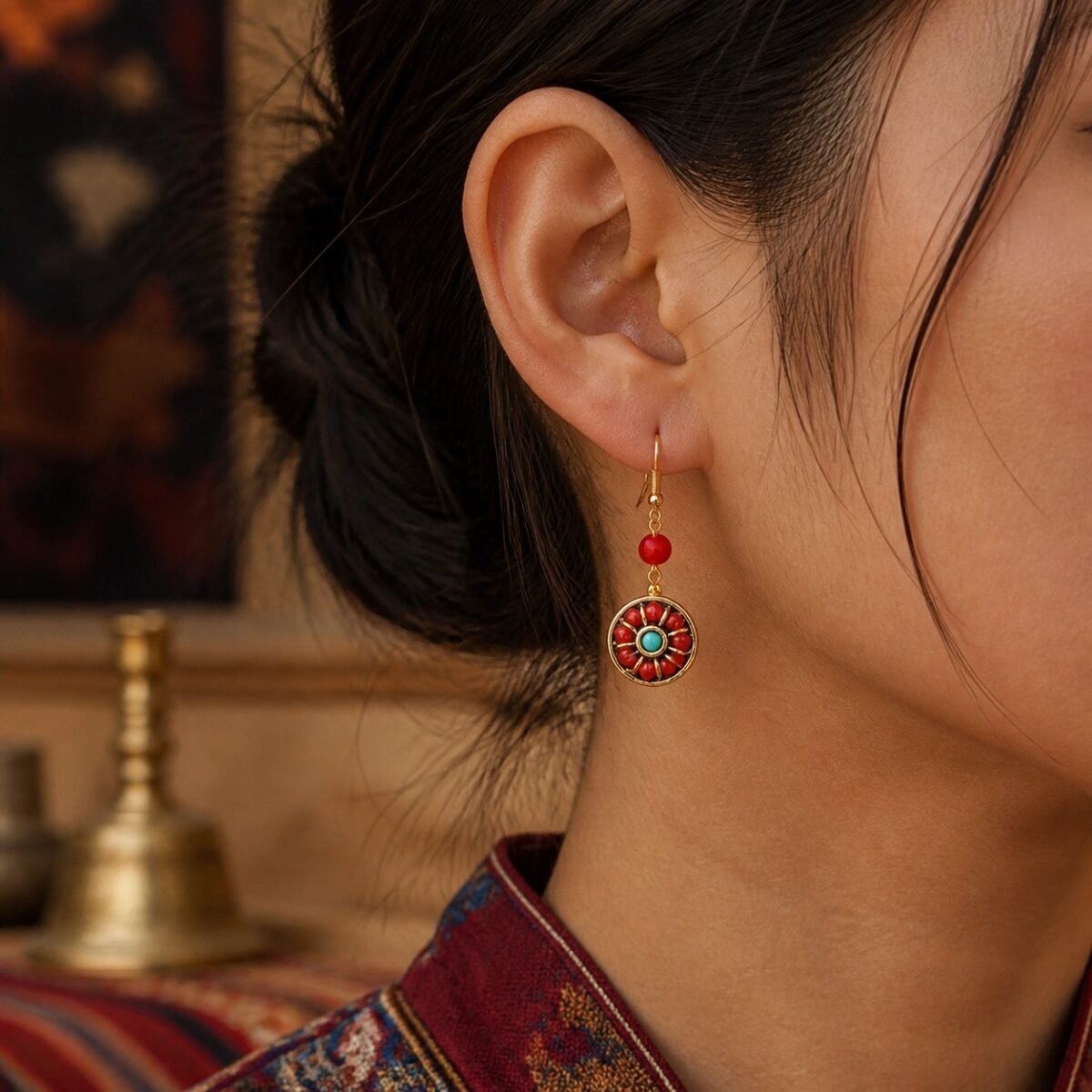 Tibetan Floral Medallion Drop Earrings