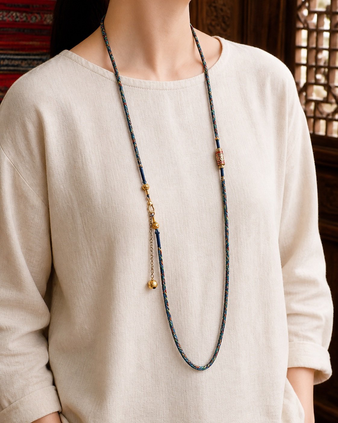 tibetan-inspired-braided-pendant-cord-necklace-blue-wearing-light-skin Tibetan Braided Talisman Cord