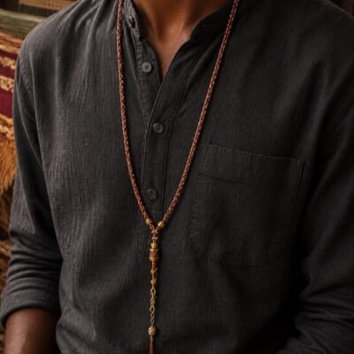 tibetan-inspired-braided-pendant-cord-necklace-brown-wearing-deep-skin Tibetan Braided Talisman Cord