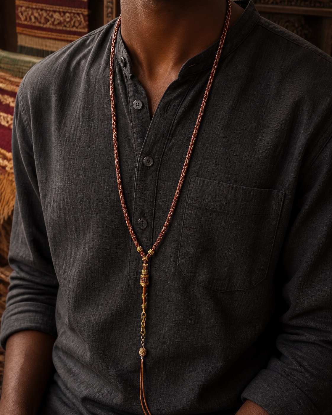tibetan-inspired-braided-pendant-cord-necklace-brown-wearing-deep-skin Tibetan Braided Talisman Cord