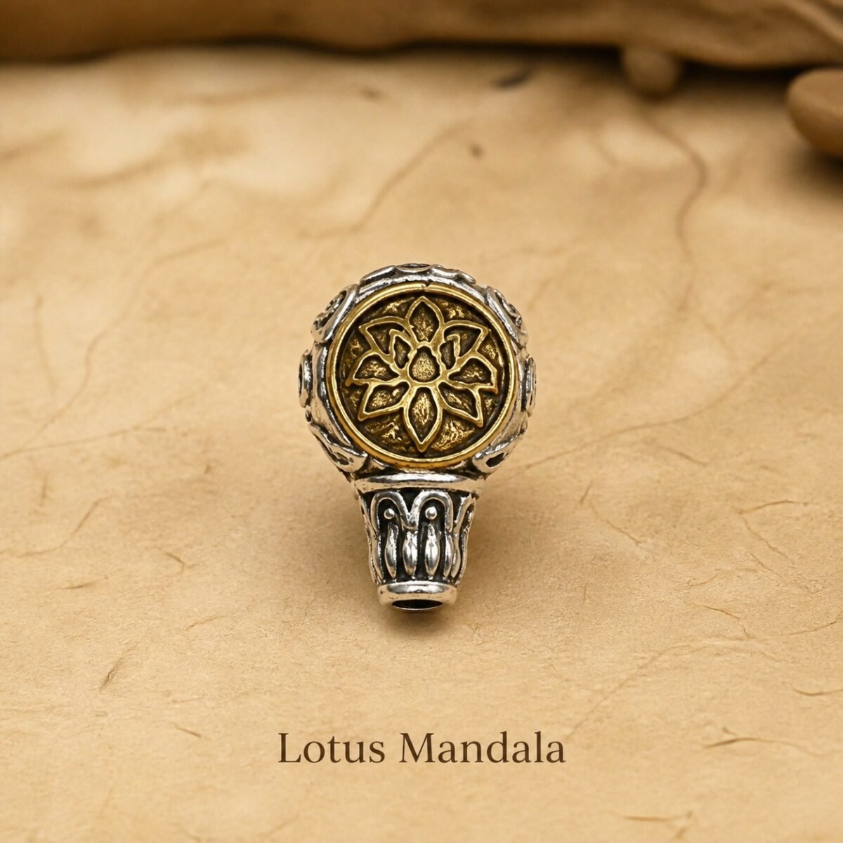 tibetan-inspired-metal-mala-spacer-charms-lotus-mandala Metal mala spacer charms with a lotus mandala in antique silver and gold tones