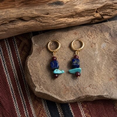 tibetan-lapis-turquoise-huggie-earrings-01-main-hero Lapis Turquoise Huggie Earrings with lapis lazuli, turquoise-colored decorative accents, and red beads