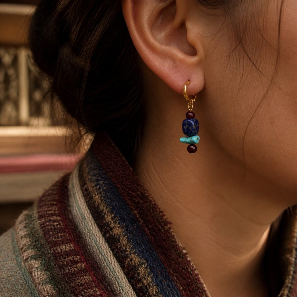tibetan-lapis-turquoise-huggie-earrings-02-worn-closeup Tibetan Lapis & Turquoise Huggie Earrings