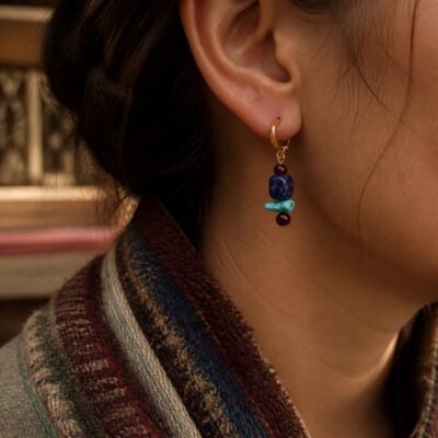 tibetan-lapis-turquoise-huggie-earrings-02-worn-closeup Tibetan Lapis & Turquoise Huggie Earrings