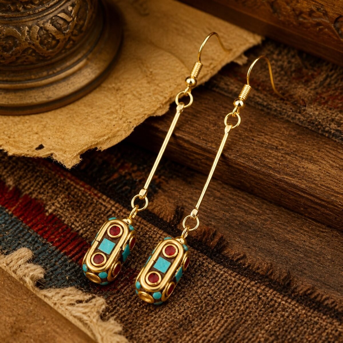 tibetan-long-bar-barrel-drop-earrings-01-main Tibetan Long Bar Barrel Drop Earrings in turquoise and barrel-bead styles