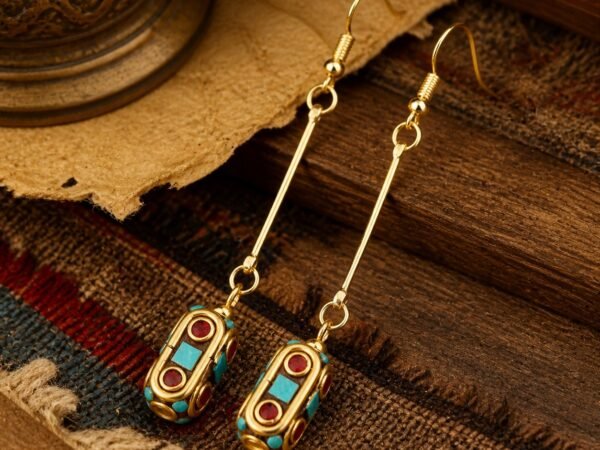 Tibetan Long Bar Barrel Drop Earrings in turquoise and barrel-bead styles