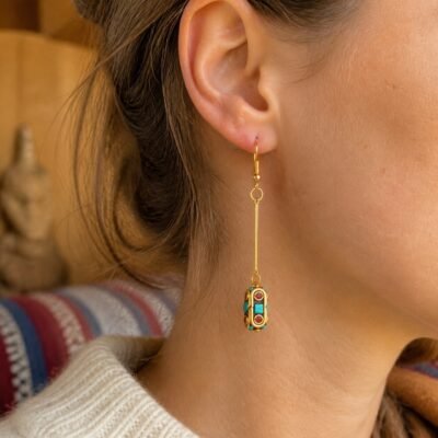 tibetan-long-bar-barrel-drop-earrings-02-worn Tibetan Long Bar Barrel Drop Earrings