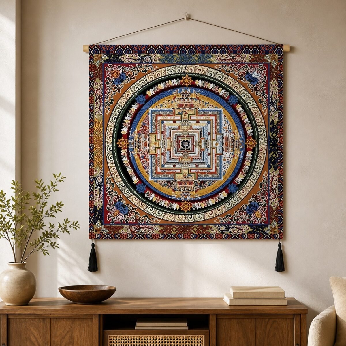 Tibetan mandala wall hanging tapestry with a colorful circular print