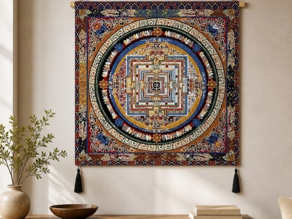 Tibetan mandala wall hanging tapestry with a colorful circular print