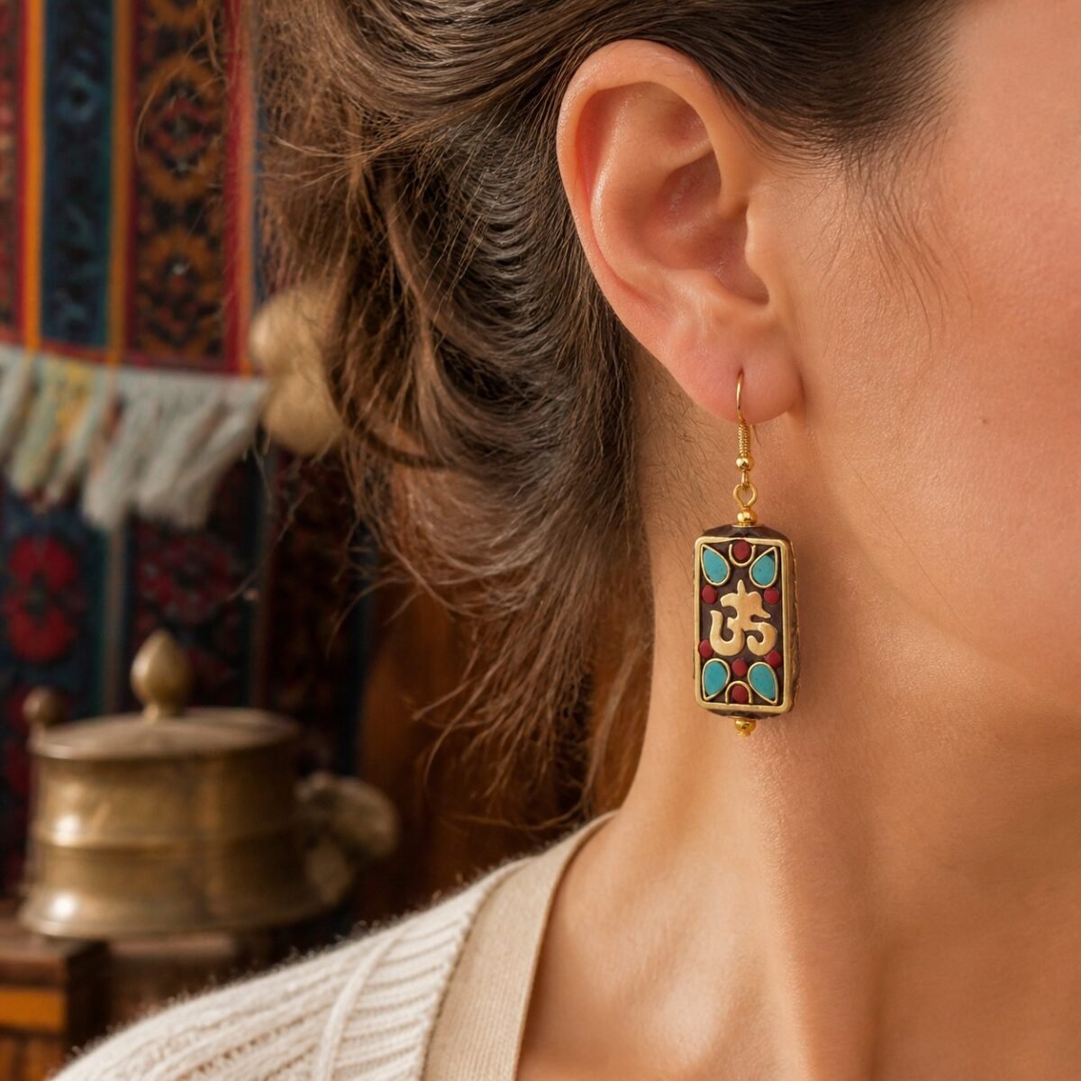 tibetan-om-rectangular-inlay-earrings-02-worn Tibetan Om Rectangular Inlay Earrings