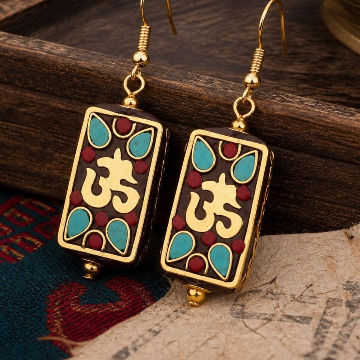 tibetan-om-rectangular-inlay-earrings-03-detail Tibetan Om Rectangular Inlay Earrings