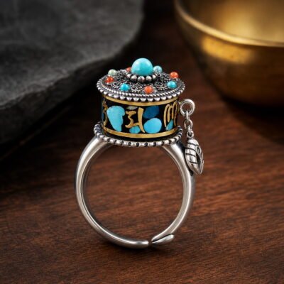 Tibetan Prayer Wheel Ring in S925 sterling silver with rotating mantra band