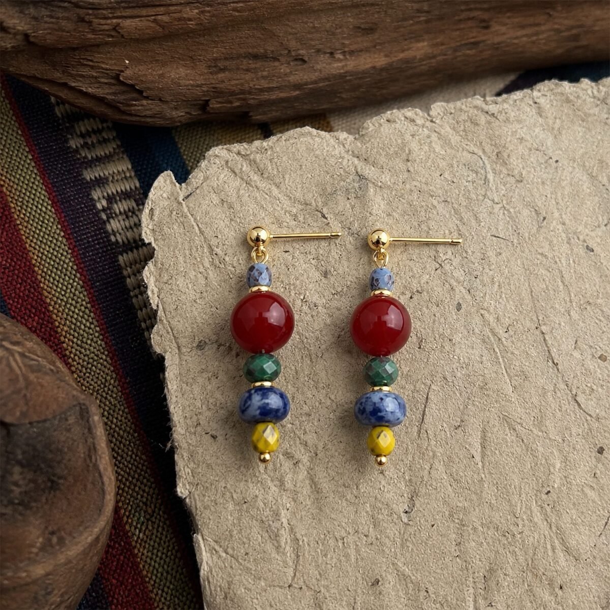 tibetan-red-coral-lapis-drop-earrings-01-main-hero Lapis Drop Earrings with red agate, lapis-blue and green glass accents, golden glass, and brass-tone ear wires