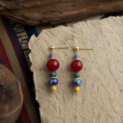 tibetan-red-coral-lapis-drop-earrings-01-main-hero Lapis Drop Earrings with red agate, lapis-blue and green glass accents, golden glass, and brass-tone ear wires