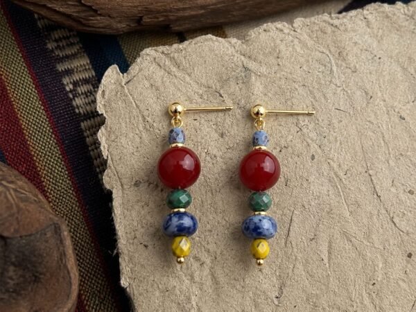 Lapis Drop Earrings with red agate, lapis-blue and green glass accents, golden glass, and brass-tone ear wires