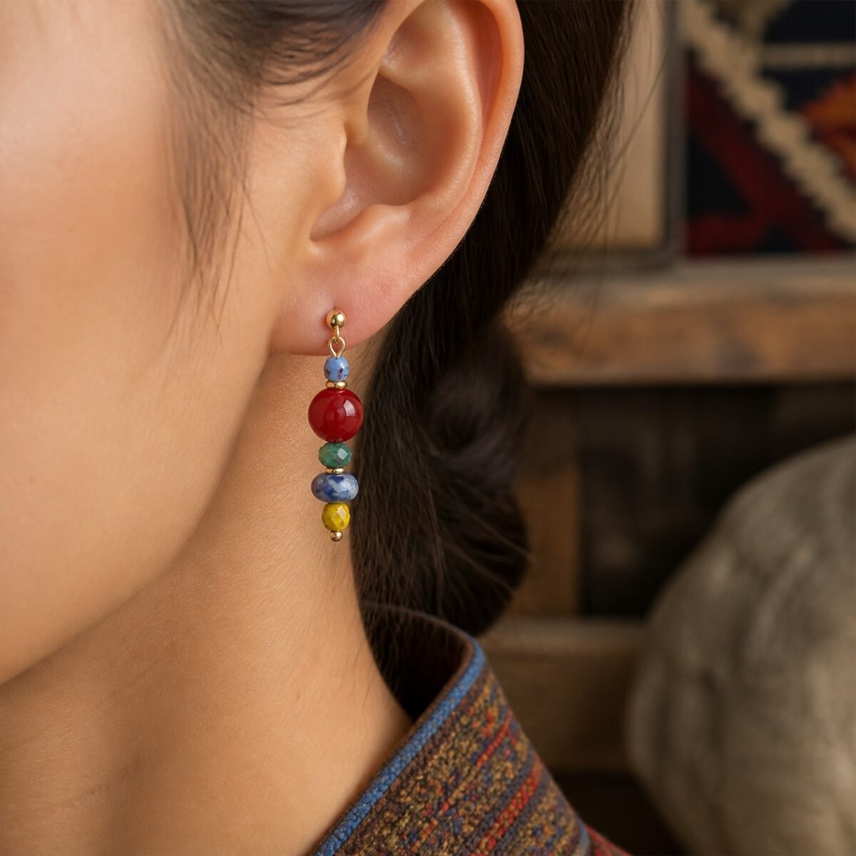 tibetan-red-coral-lapis-drop-earrings-02-worn-closeup Tibetan Red Coral & Lapis Drop Earrings