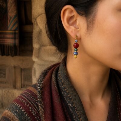 tibetan-red-coral-lapis-drop-earrings-03-worn-lifestyle Tibetan Red Coral & Lapis Drop Earrings