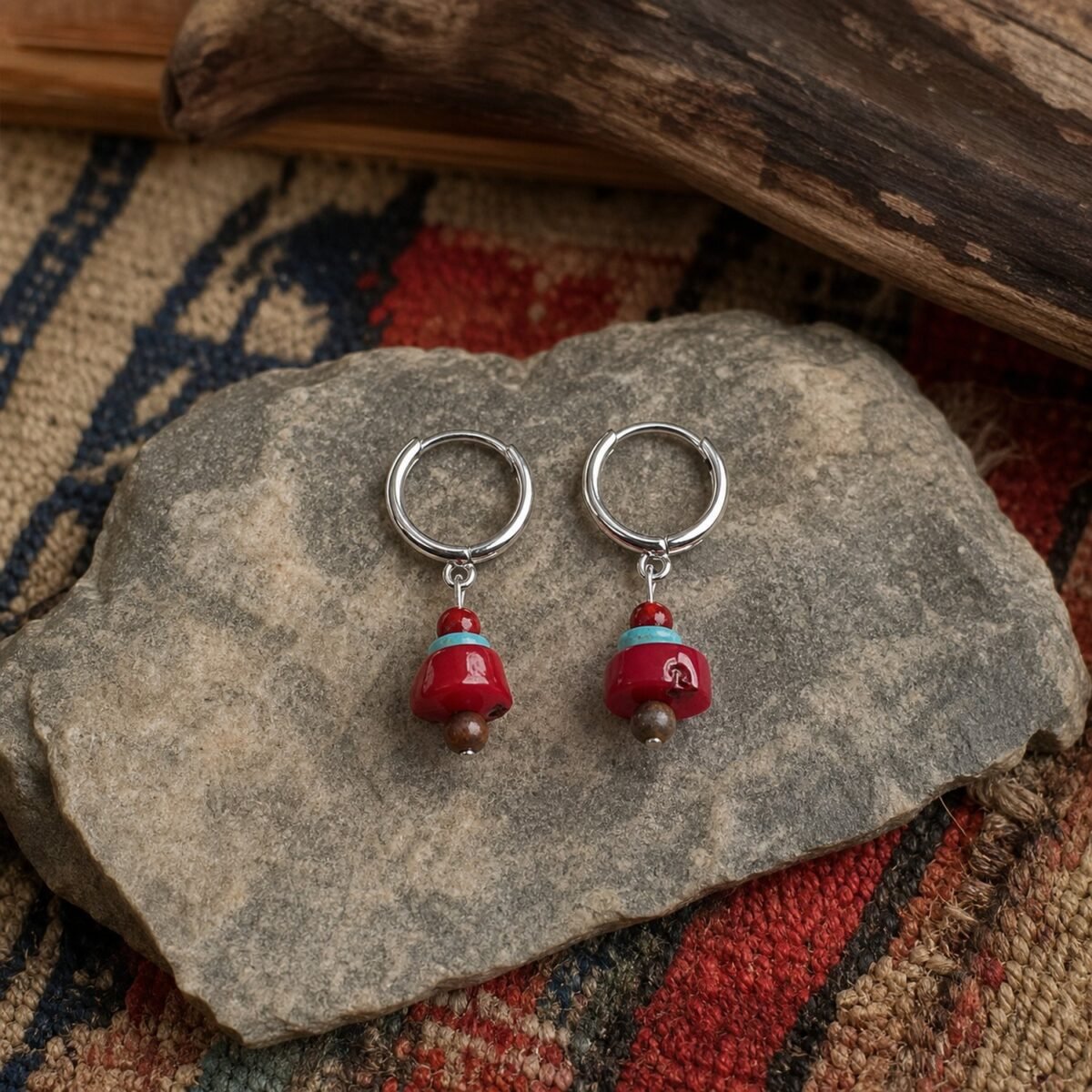Red Coral Mini Hoop Earrings with red coral-style beadwork and warm gold-tone fittings