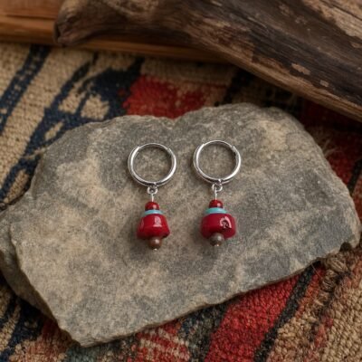 Red Coral Mini Hoop Earrings with red coral-style beadwork and warm gold-tone fittings