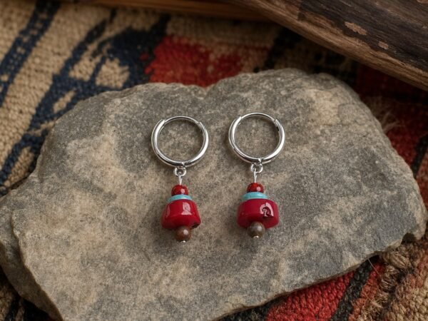 Red Coral Mini Hoop Earrings with red coral-style beadwork and warm gold-tone fittings