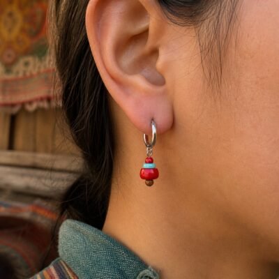 Tibetan Red Coral Mini Hoop Earrings