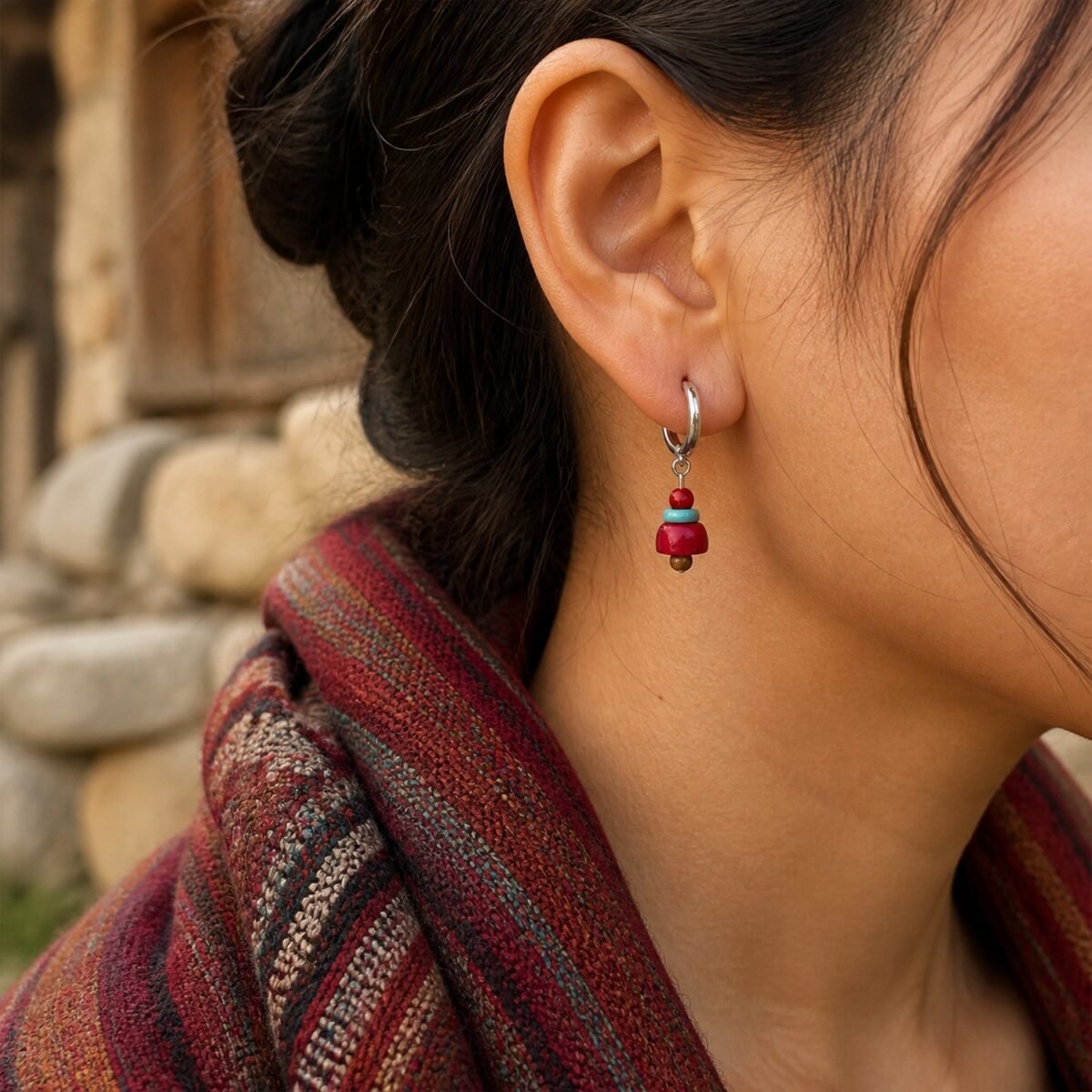 Tibetan Red Coral Mini Hoop Earrings