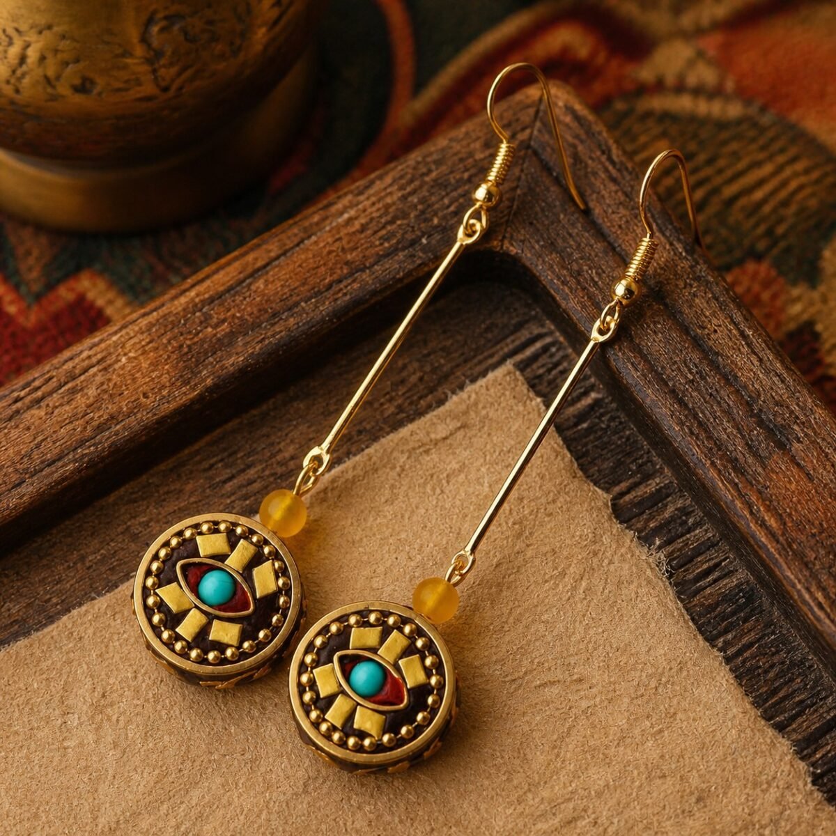 Tibetan Round Disc Long Drop Earrings with turquoise accent