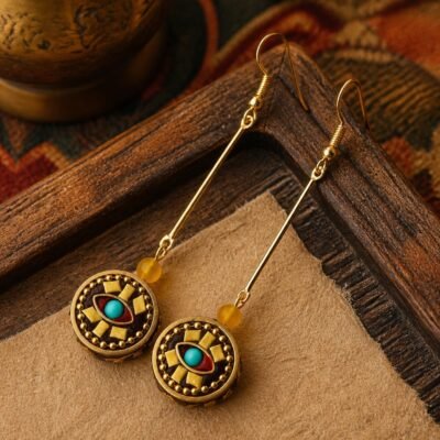 Tibetan Round Disc Long Drop Earrings with turquoise accent