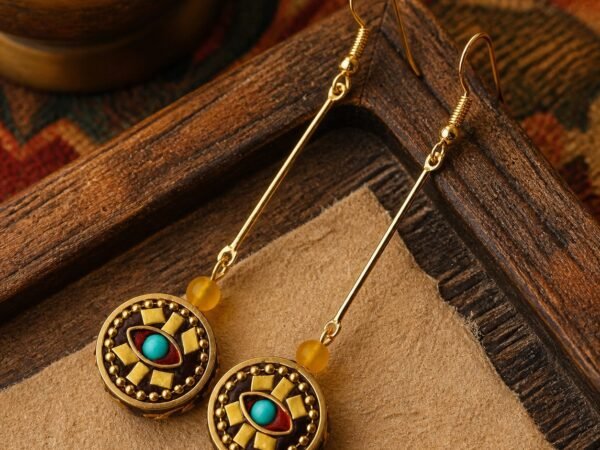 tibetan-round-disc-long-drop-earrings-01-main Tibetan Round Disc Long Drop Earrings with turquoise accent